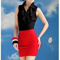 Ruffles Beam Waist Single-breasted Polyester Solid Color Blouse For Women black