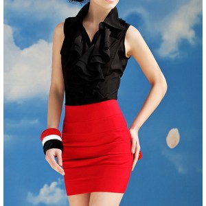 Ruffles Beam Waist Single-breasted Polyester Solid Color Blouse For Women black