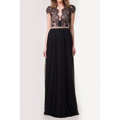 Scoop Neck Lace Splicing Backless Stylish Long Dress For Women black