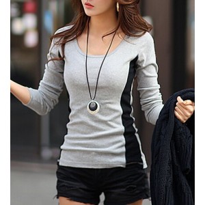 Scoop Neck Long Sleeves Casual T-Shirt For Women gray