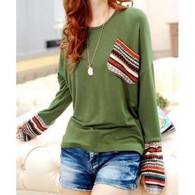 Scoop Neck Long Sleeves Striped Splicing Casual T-Shirt For Women green red