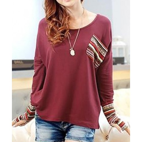 Scoop Neck Long Sleeves Striped Splicing Casual T-Shirt For Women green ...
