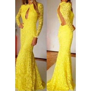 Sexy Lace Round Neck Long Sleeve Backless Solid Color Dress For Women yellow
