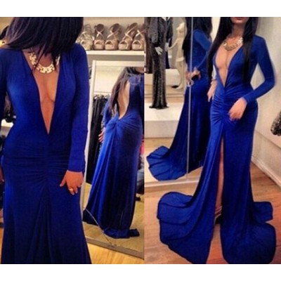 Sexy Plunging Neck Long Sleeve Backless Solid Color Furcal Dress For Women blue