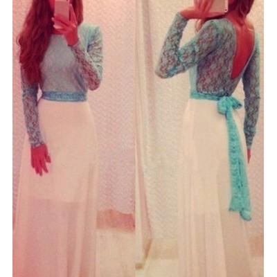 Sexy Round Collar Long Sleeve Spliced See-Through Backless Dress For Women sky blue