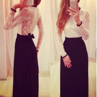 Sexy Round Collar Long Sleeve Spliced See-Through Lace-Up Dress For Women