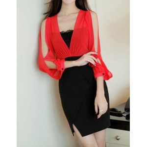 Sexy V-Neck Long Sleeve Color Block Hollow Out Furcal Dress For Women red