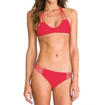 Sexy Women's Halter Hollow Out Solid Color Bikini Set red white