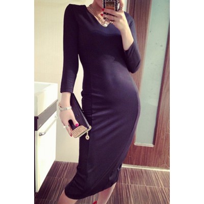 Sexy Women's V-Neck Solid Color Stretchy Slimming Mid-Calf Long Sleeve Dress red black