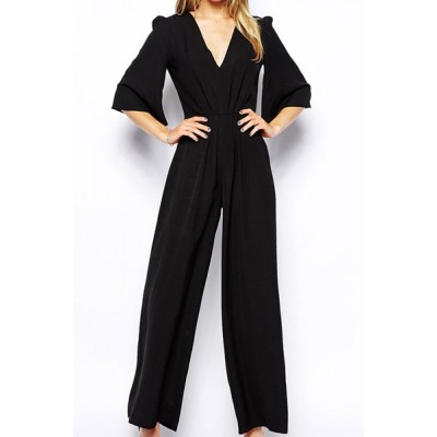 Solid Color Boot Cut Stylish Plunging Neck Half Sleeve Women's Jumpsuits black