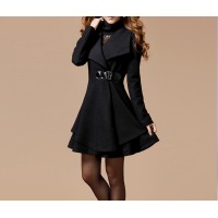Solid Color Noble Style Worsted Turn-Down Collar Long Sleeves Coat For Women black red blue
