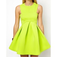 Solid Color Sleeveless Round Collar Wide Hem Ruched Zipper Closure Dress For Women green