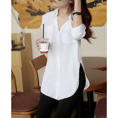Solid Color Slit Side Design Long Sleeve Turn Down Collar Single Breasted Blouse For Women white