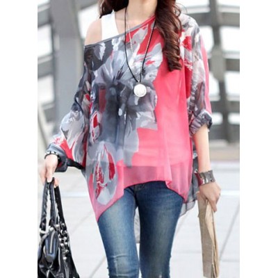 Sophisticated Floral Print Loose-Fitting 3/4 Sleeves Blouse For Women red
