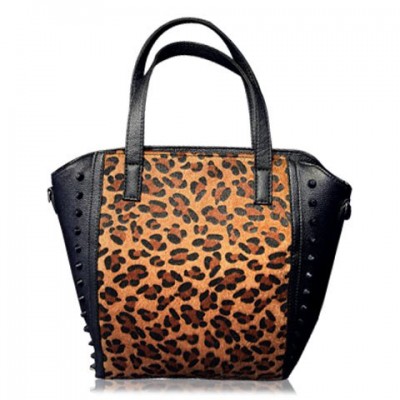 Stunning Women's Tote Bag With Splice and Rivets Design leopard black