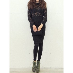 Stylish Lace Suits Solid Color Round Neck Long Sleeves Blouse and Skirt For Women black white