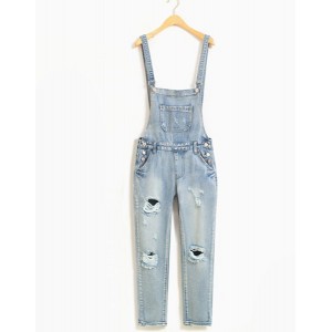 Stylish Mid-Waisted Slimming Hole Design Denim Overalls For Women blue
