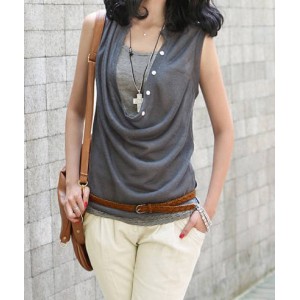 Stylish Women's Draped Collar Solid Color Slimming T-Shirt Twinset gray
