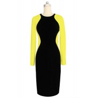 Stylish Women's Round Neck Long Sleeve Color Splicing Dress yellow white