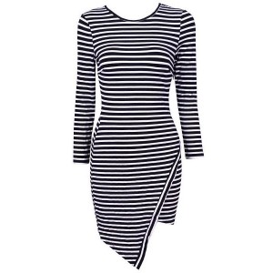 Stylish Women's Scoop Neck Long Sleeve Striped Bodycon Dress black white
