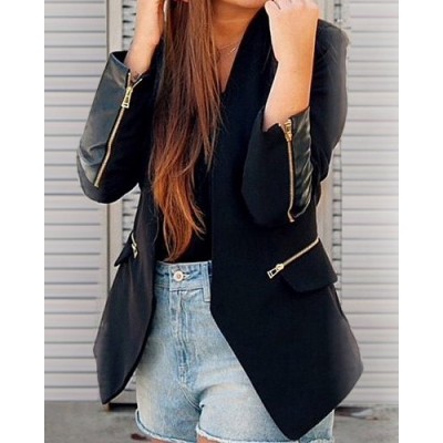 Stylish Women's Shawl Collar Long Sleeve Zippered Slimming Blazer black