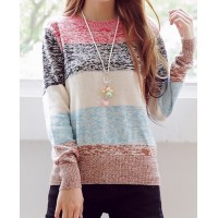 Sweet Round Neck Long Sleeve Striped Sweater For Women