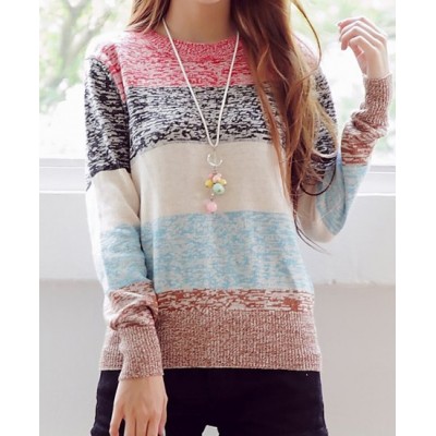 Sweet Round Neck Long Sleeve Striped Sweater For Women