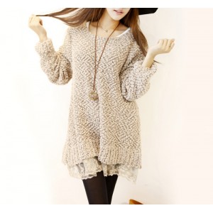 Sweet Scoop Neck Solid Color Lace Splicing Long Sleeves Slimming Dress For Women khaki white pink