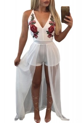 White Floral Embroidery Romper with Maxi Mesh