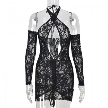 Halter Cut Out Mesh Embroidery Mini Dress Women Backless Goth Black Bodycon Dresses 