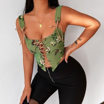 Floral Print Lace Up Women Corset Crop Top for Party Club Green Khaki