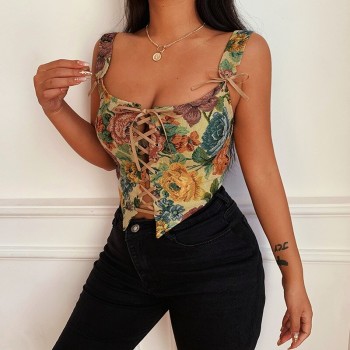 Floral Print Lace Up Women Corset Crop Top for Party Club Green Khaki