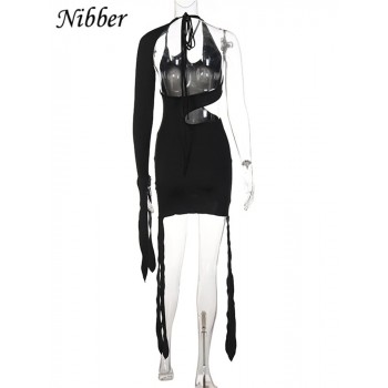 Nibber Dress Women Solid Sexy Cutout Sloping Shoulder Fringe Mini Dress for Midnight Party