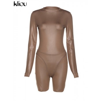 Faux PU Leather Two Piece Set Skinny O-Neck Long Sleeve Bodysuits+ Solid Slim Short Pants Matching 