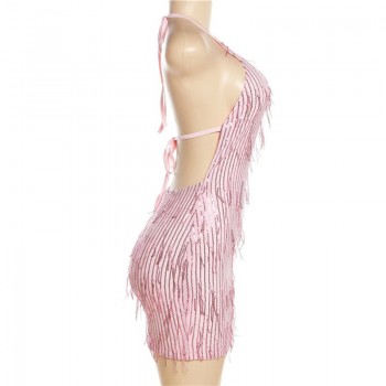 Solid Bodycon Tassel Mini Dress for Women Pink Black