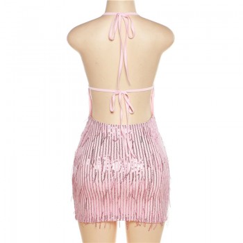 Solid Bodycon Tassel Mini Dress for Women Pink Black
