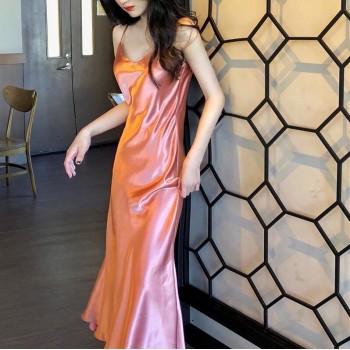 Women Long Satin Slip Dress Spaghetti Strap Party Dress Vintage Pink Gold Black Silk Sexy Maxi Dress