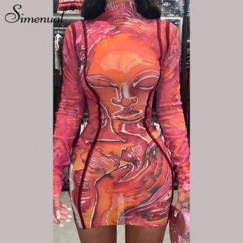Face Pattern Bodycon Club Mini Dresses Sexy Baddie Clothes Tight One Piece Outfit Midnight Long Sleeve