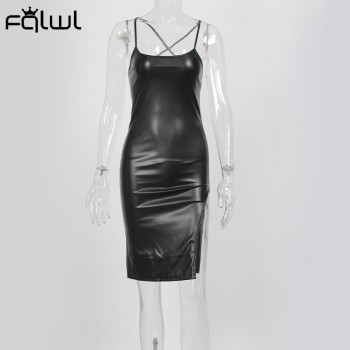 Fall PU Leather Black Party Sexy Dresses For Women 2021 Halter Backless Bandage Bodycon Dress Ladies Club Slit Midi Dress