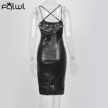 Fall PU Leather Black Party Sexy Dresses For Women 2021 Halter Backless Bandage Bodycon Dress Ladies Club Slit Midi Dress
