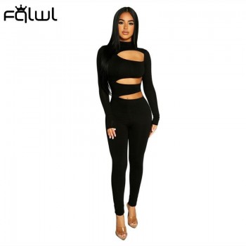 Winter Hollow Out Black Jumpsuits Women Sexy One Piece Club Outfits For Women Turtleneck Long Sleeve
