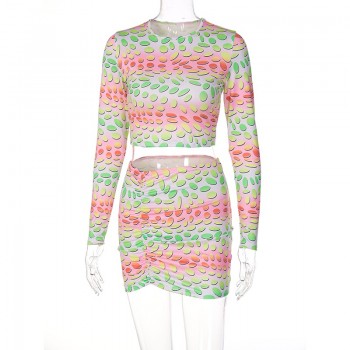 Colorful Spot Print Women Long Sleeve Crop Top Pleated Mini Dress 2 Piece Set 