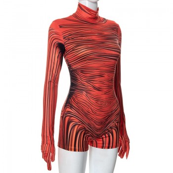 Dulzura Autumn Women's Tie Dye Print Skinny Playsuit Red