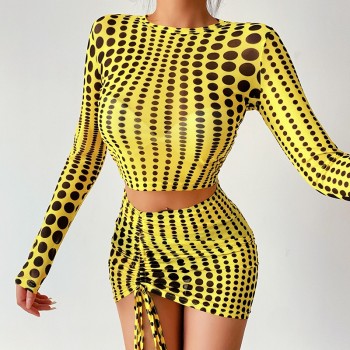 Dot Print Two Piece Sets Women Sexy Mesh O Neck Long Sleeve Tops and Shirring Asymmetrical Bodycon Skirts