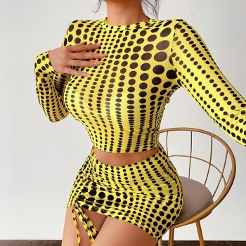 Dot Print Two Piece Sets Women Sexy Mesh O Neck Long Sleeve Tops and Shirring Asymmetrical Bodycon Skirts