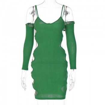 2 Piece Set Cut Out Long Sleeve Knit Dresses for Women Street Fashion Clubwear Bodycon Mini Dress 