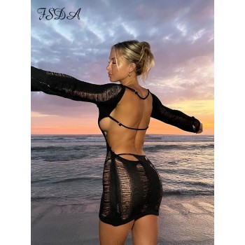 Tassel Women Dress Backless Black Long Sleeve 2022 Summer Y2K Mini Beach Bodycon 