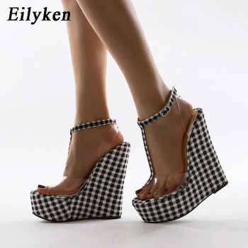 Eilyken Gingham Thick Bottom Wedge Sandals for Women Black