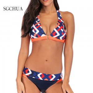 Striped Tether Neck And Halter Neck Swimwear Low Waist Two Pieces Bikini Patchwork Thong Swimsuit Women