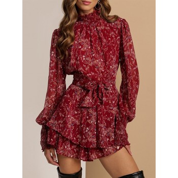 Spring Vintage Perspective Floral Print Dress Women Casual Long Sleeve Chiffon A Line Dress